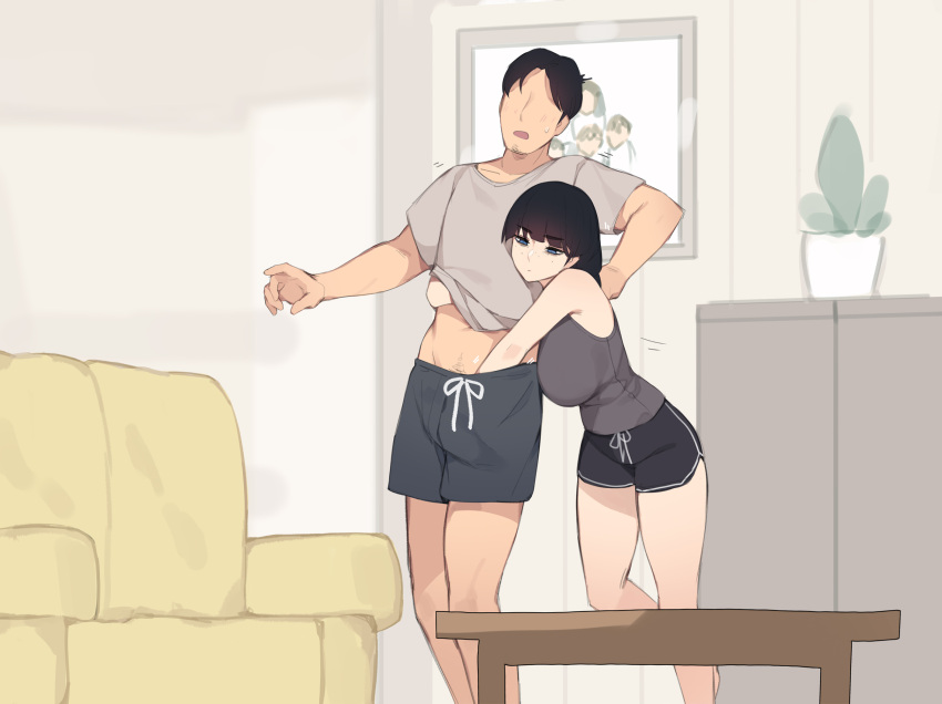 1boy 1girl black_hair black_shorts breasts couch faceless faceless_male father_and_daughter grey_shirt hand_under_clothes hand_under_shorts hetero highres incest indoors large_breasts original pepper0 photo_(object) plant shirt shorts standing t-shirt table