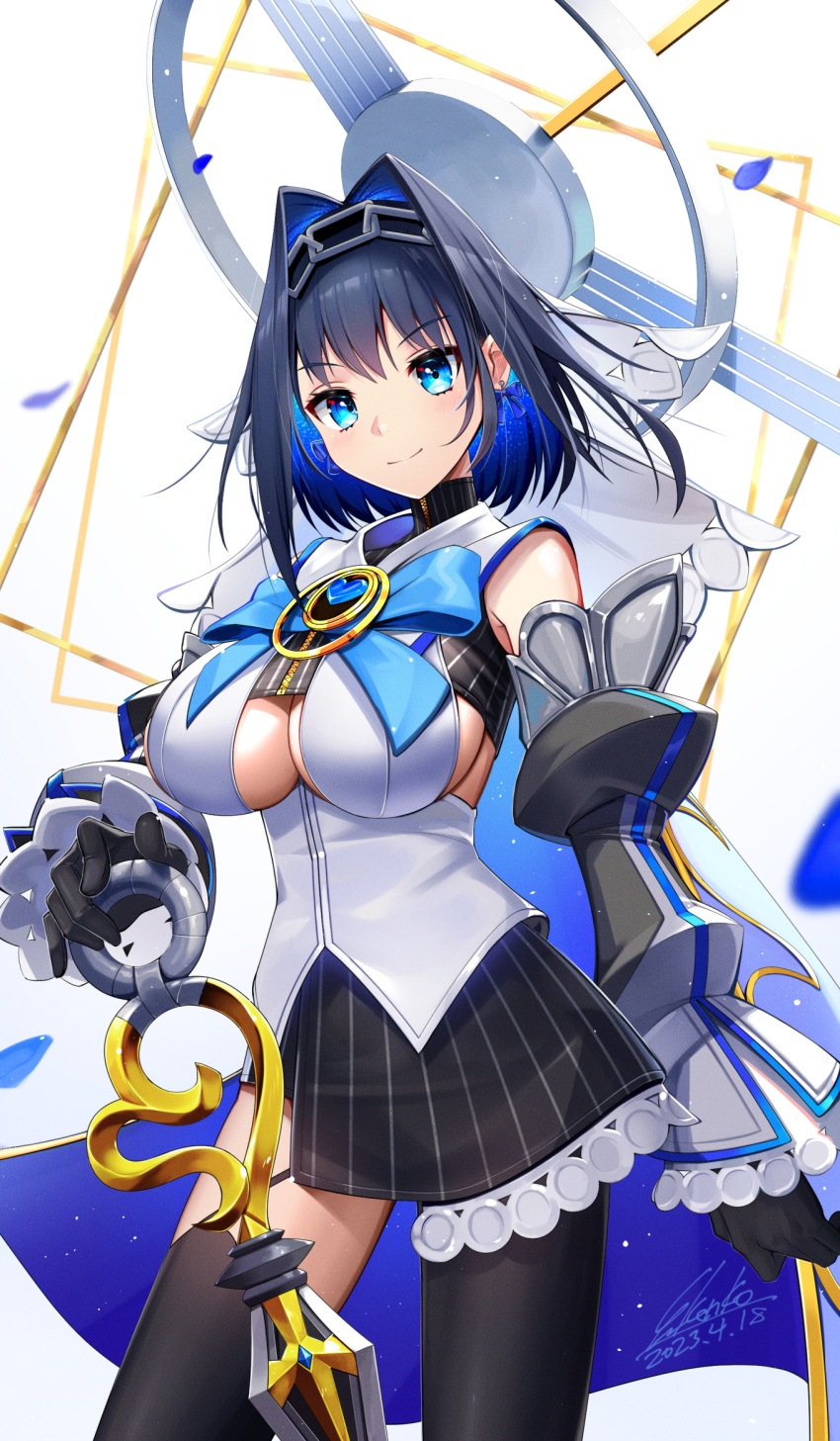 1girl asymmetrical_legwear black_gloves black_thighhighs blue_eyes blue_hair bow breasts center_opening dated gloves halo hand_on_hilt highres hololive hololive_english kenko_(a143016) large_breasts mechanical_halo ouro_kronii signature skirt smile striped striped_skirt thighhighs virtual_youtuber