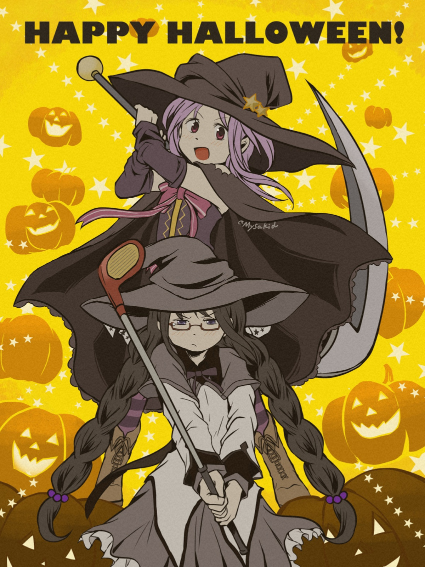 2girls :d akemi_homura arm_warmers black_cape black_hair black_headwear black_sleeves braid brown_footwear cape capelet closed_mouth crop_top cross-laced_footwear detached_sleeves frilled_skirt frills frown glasses golf_club grey_capelet grey_skirt halloween hands_up happy_halloween hat hat_ornament highres holding holding_golf_club holding_scythe improvised_weapon jack-o'-lantern legs_apart long_hair long_sleeves looking_at_viewer magia_record:_mahou_shoujo_madoka_magica_gaiden magical_girl mahou_shoujo_madoka_magica misono_karin multiple_girls mysakid open_mouth parted_bangs pink_eyes purple_eyes purple_hair purple_thighhighs red-framed_eyewear scythe semi-rimless_eyewear shirt skirt smile standing star_(symbol) star_hat_ornament striped striped_thighhighs swinging thighhighs twin_braids very_long_hair white_shirt witch_hat yellow_background