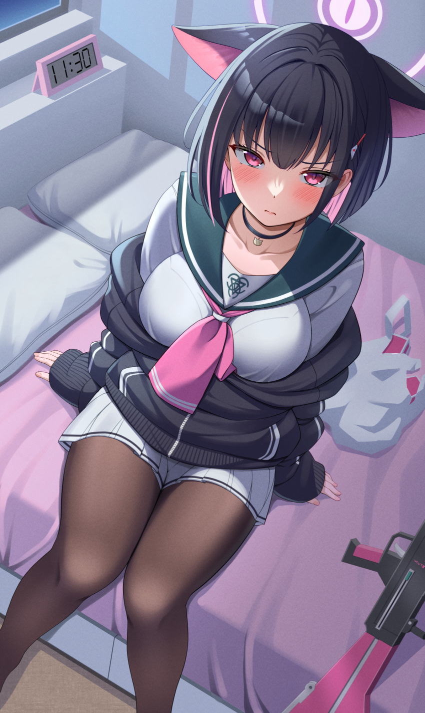 1girl alarm_clock animal_ears bag bed black_hair black_pantyhose black_sweater blue_archive blush breasts cat_ears choker clock closed_mouth gun hair_ornament hairpin halo highres kazusa_(blue_archive) looking_at_viewer looking_up nekojima on_bed pantyhose pillow plastic_bag red_eyes sailor sailor_collar shirt short_hair skirt solo sweater thighs weapon white_shirt white_skirt window