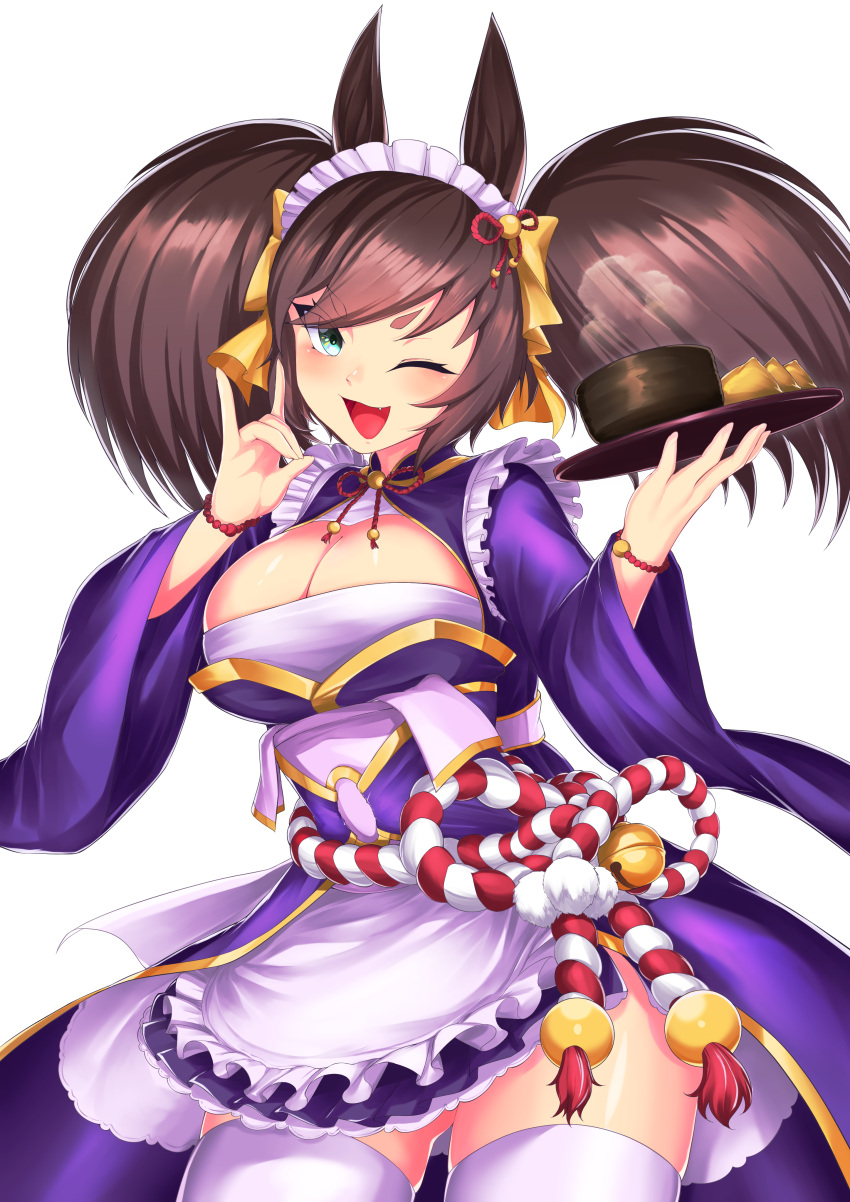 1girl absurdres alternate_costume animal_ears apron aqua_eyes blush breasts brown_hair cleavage commentary_request cowboy_shot enmaided fox_shadow_puppet frilled_apron frills highres holding holding_tray horse_ears horse_girl horse_tail inari_one_(umamusume) japanese_clothes kimono kouhaku_nawa large_breasts long_hair maid maid_headdress one_eye_closed open_mouth purple_kimono rope same_kujira_(challenger_310) shimenawa simple_background smile solo tail thighhighs tray twintails umamusume white_background white_thighhighs