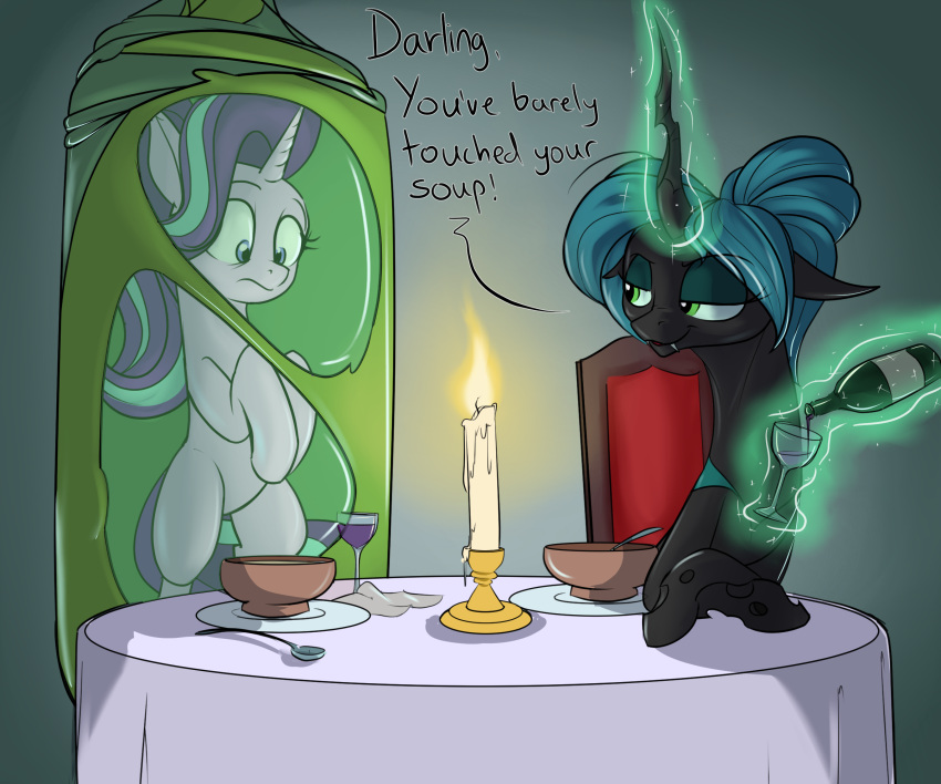 alcohol arthropod beverage bowl candle candlelight candlestick changeling chianti chrysalis cocooned container equid equine eyeshadow friendship_is_magic furniture green_eyes green_eyeshadow green_hair hair hair_bun hasbro hi_res horn light makeup mammal my_little_pony queen_chrysalis_(mlp) rocket-lawnchair table unicorn wine wine_bottle