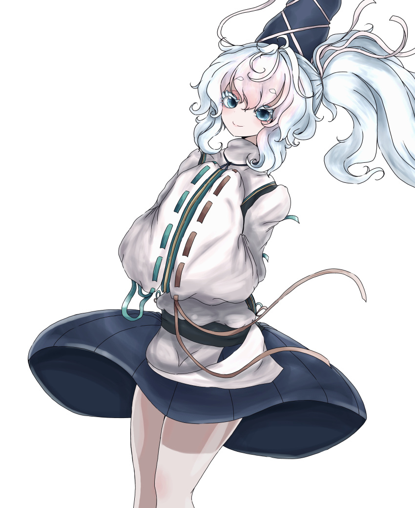 1girl absurdres ayang black_skirt closed_mouth commentary grey_eyes grey_hair hands_in_opposite_sleeves highres japanese_clothes kariginu long_hair looking_at_viewer mononobe_no_futo ponytail ribbon-trimmed_sleeves ribbon_trim simple_background skirt smile solo touhou white_background