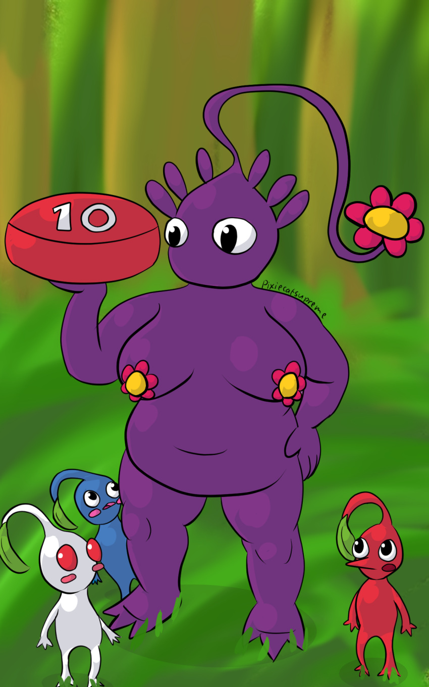 10:16 blue_pikmin blush chubby_female elemental_creature flora_fauna forest forest_background hi_res nature nature_background nintendo outside pikmin pikmin_(species) pixiecatsupreme plant purple_pikmin red_pikmin tree