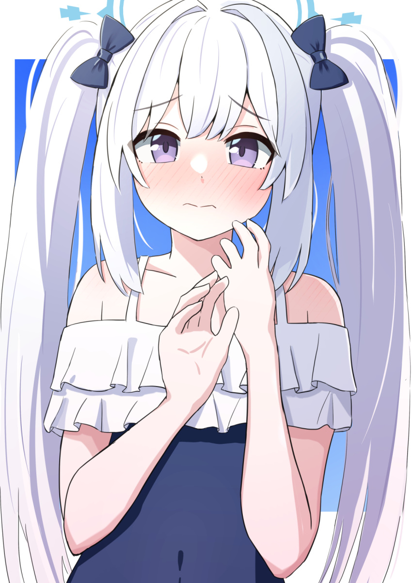 1girl alternate_costume alternate_hairstyle amenocchi blue_archive blush breasts closed_mouth collarbone commentary_request hair_between_eyes hair_ornament halo highres long_hair looking_at_viewer miyako_(blue_archive) portrait purple_eyes small_breasts solo swimsuit twintails white_hair