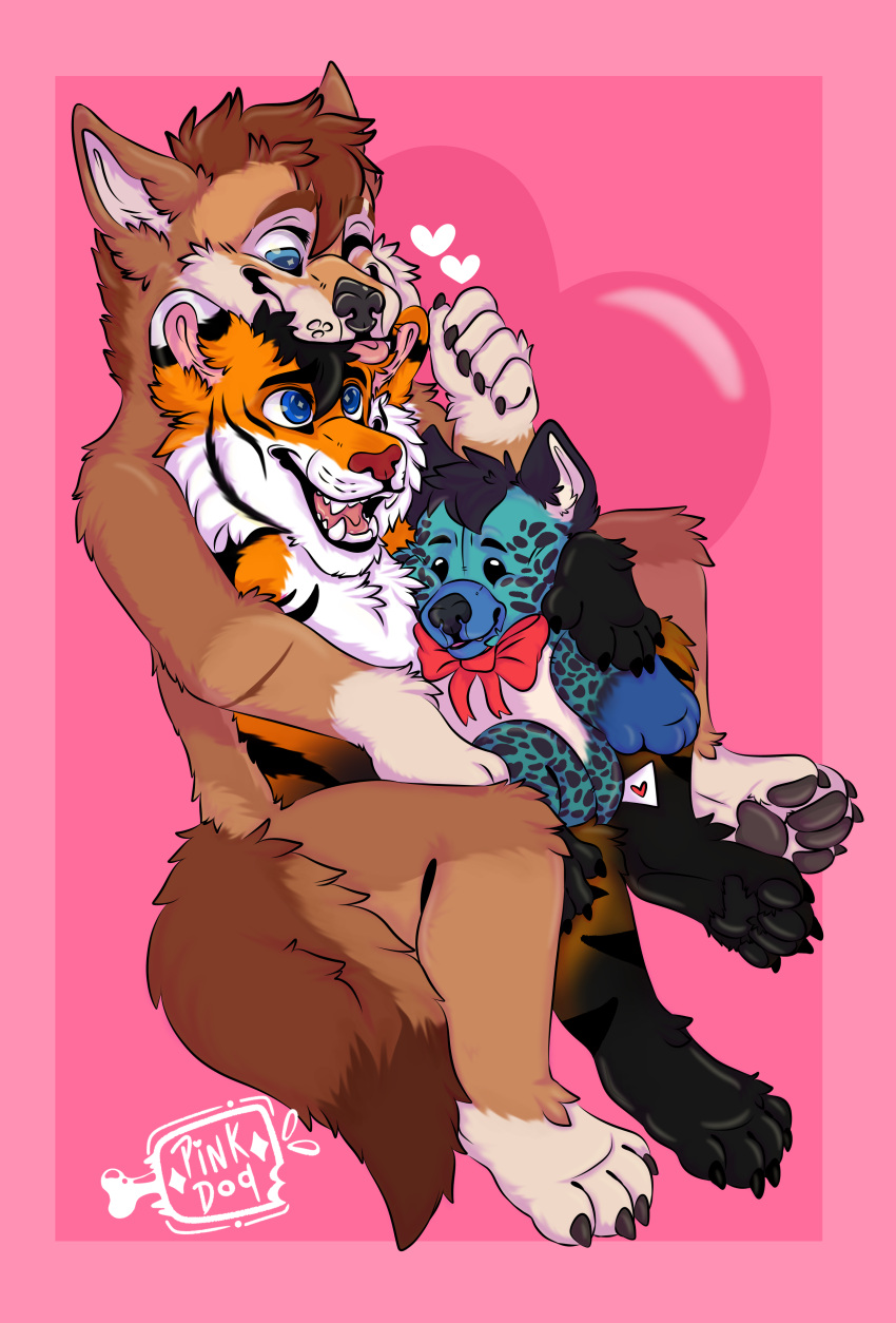 &lt;3 absurd_res akio anthro bow_(feature) cain_the_dingo canid canine canis cuddling dingo felid felix_grey group hi_res holding_object holidays hybrid male male/male mammal pantherine pawpads paws pink_background pink_dog plushie rotten_paws simple_background smile tiger tongue tongue_out trio valentine's_day
