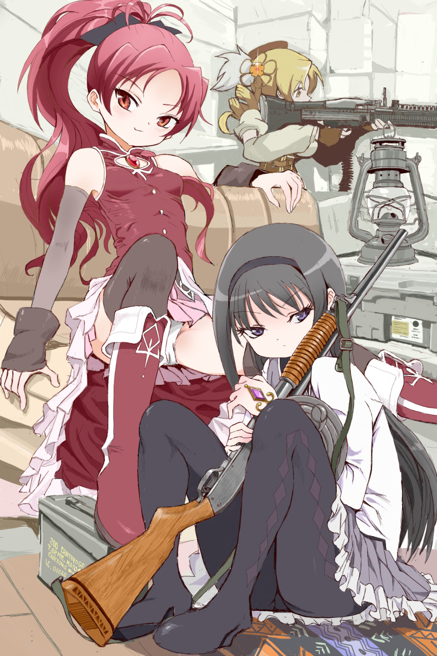 3girls akemi_homura ammunition_box bare_shoulders beret black_hair black_pantyhose black_thighhighs blonde_hair blush drill_hair eyelashes fingerless_gloves gloves gun hair_ornament hairband hat high_heels highres holding holding_gun holding_weapon lantern long_hair magical_girl mahou_shoujo_madoka_magica multiple_girls panties pantyhose ponytail purple_eyes red_eyes red_footwear red_hair rifle sakura_kyouko sitting skirt smile soul_gem spread_legs thighhighs tomoe_mami toshi_(little-fluffy-cloud) underwear weapon white_panties yellow_eyes