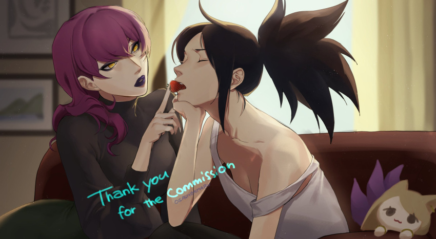 2girls ahri_(league_of_legends) akali artist_name bare_arms bare_shoulders black_hair black_sweater blurry blurry_background breasts character_doll cleavage closed_eyes commission couch english_text evelynn_(league_of_legends) feeding food fruit grey_shirt highres indoors k/da_(league_of_legends) k/da_ahri k/da_akali k/da_evelynn large_breasts league_of_legends long_hair long_sleeves multiple_girls off_shoulder ponytail purple_hair shirt sitting strawberry sweater wosashimi yuri