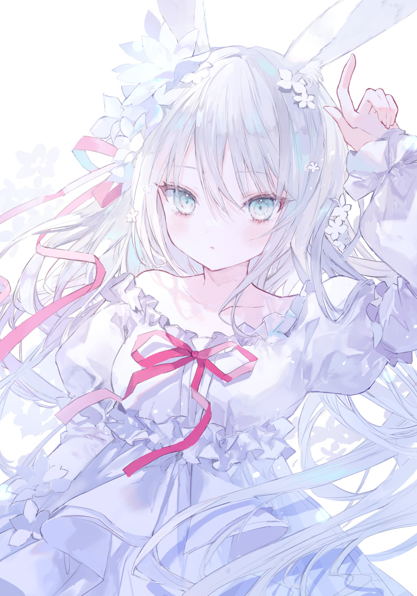 1girl absurdres animal_ears arms_up blush bow breasts collarbone commentary_request dress flower grey_eyes hair_flower hair_ornament highres long_hair medium_breasts onineko original partial_commentary rabbit_ears red_ribbon ribbon simple_background solo white_background white_hair