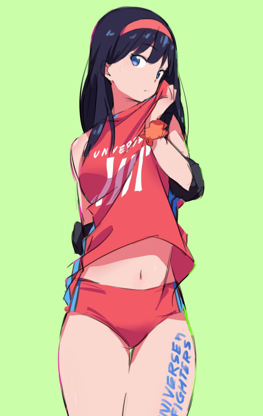 1girl absurdres akasakaa black_hair blue_eyes bodypaint breasts commentary_request elbow_sleeve gridman_universe gridman_universe_(film) headband highres long_hair looking_at_viewer official_alternate_costume red_headband red_shorts scrunchie shorts simple_background solo sportswear sweat takarada_rikka thighs volleyball_uniform wrist_scrunchie