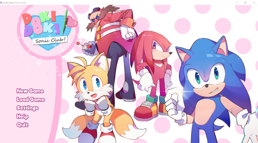 4boys animal_ears animal_nose black_footwear black_pants blue_eyes blue_fur boots c52278 closed_mouth crossover doki_doki_literature_club dr._eggman english_commentary english_text eyewear_on_head facial_hair fang fox_boy fox_ears fox_tail furry furry_male glasses gloves green_eyes hand_on_own_hip hands_on_own_hips hands_up heart hedgehog hedgehog_ears hedgehog_tail highres holding jacket jewelry knuckles_the_echidna long_sleeves looking_at_viewer male_focus multiple_boys multiple_tails mustache open_mouth pants parody pink_background polka_dot polka_dot_background purple_eyes red_footwear red_fur red_jacket ring shoes smile sneakers socks sonic_(series) sonic_the_hedgehog sparkle standing tail tails_(sonic) teeth tongue two_tails white_background white_gloves white_socks yellow_fur