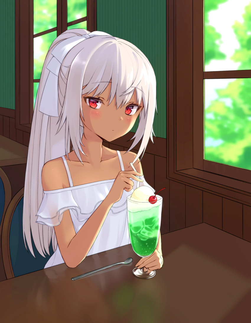 blush bow chair cherry collarbone cup dark_skin dress food fruit hair_bow highres holding holding_cup holding_straw ice_cream ice_cream_float komiya_nigi looking_at_viewer on_chair original ponytail red_eyes spoon table tan upper_body white_bow white_dress white_hair window