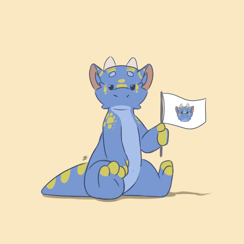 1:1 2023 2_horns 3_toes ambiguous_gender anthro barefoot blue_body blue_scales dated digital_media_(artwork) dragon feet fingers flag flag_(object) hi_res holding_flag holding_object horn looking_at_viewer louart scales scalie signature simple_background sitting solo tail toes white_background yellow_body yellow_scales