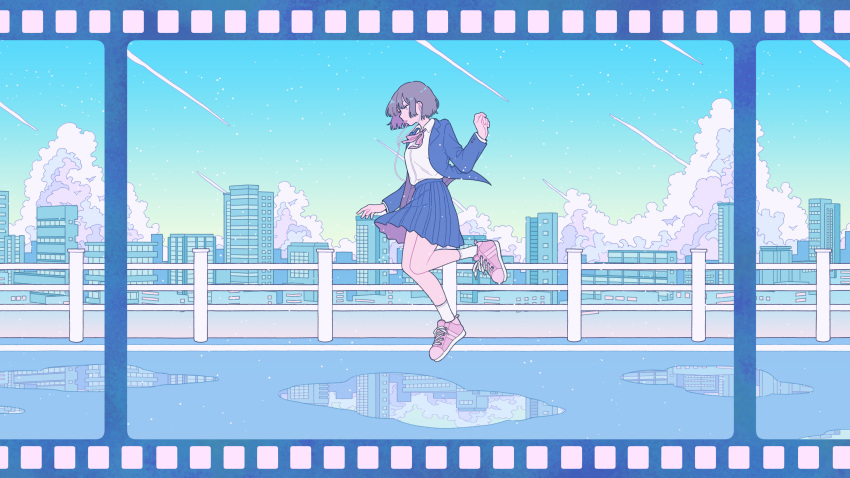 1girl absurdres blue_jacket blue_skirt building cloud collared_shirt earbuds earphones grey_hair hand_up highres jacket long_sleeves original pink_footwear pleated_skirt profile reflection shi_oo shirt shirt_tucked_in shoes short_hair skirt socks solo white_shirt white_socks wide_shot