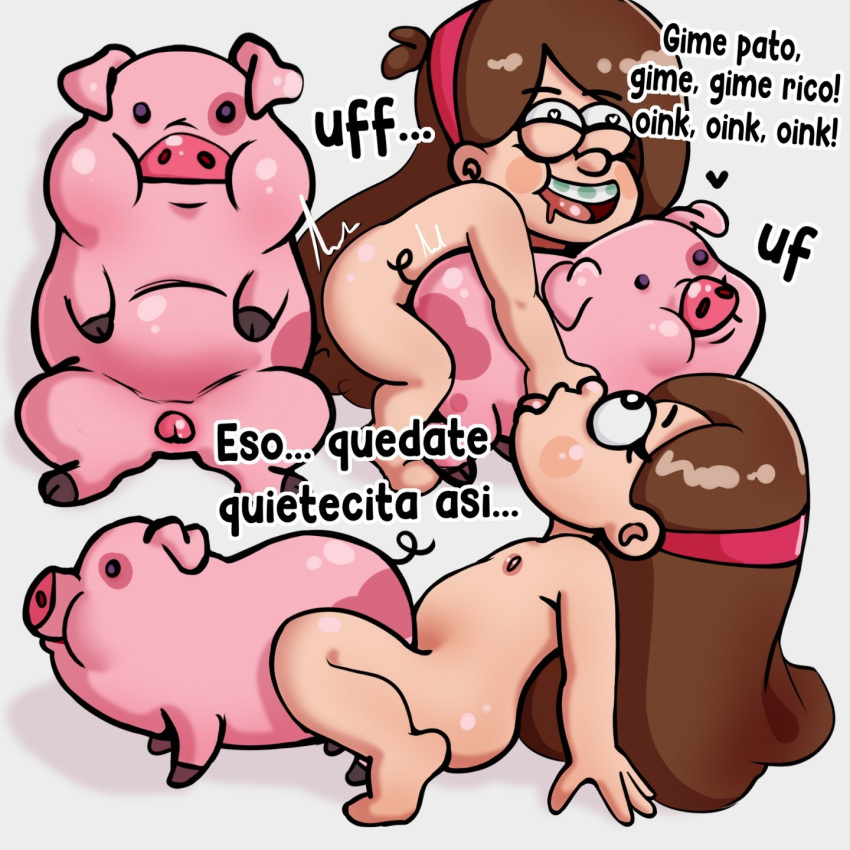 &lt;3 &lt;3_eyes barefoot bestiality blush blush_stickers braces brown_hair disney domestic_pig duo feet female feral gravity_falls hair hi_res human intersex intersex/female mabel_pines mammal nude open_mouth radiobx red_hairband sex sex_from_behind simple_background spanish_text suid suina sus_(pig) text waddles_(gravity_falls) young