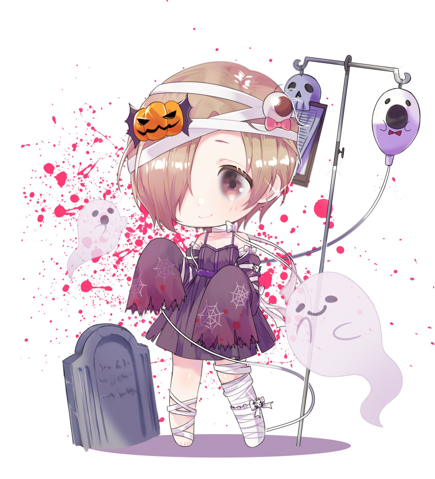 1girl absurdres bandaged_arm bandaged_head bandaged_leg bandaged_neck bandages bare_shoulders blonde_hair blood blush brown_eyes clipboard closed_mouth collarbone detached_sleeves dot_nose dress ear_piercing eyeball flat_chest full_body ghost glint grave hair_over_one_eye halloween hands_up highres idolmaster idolmaster_cinderella_girls idolmaster_cinderella_girls_starlight_stage intravenous_drip iv_stand jewelry looking_at_viewer lunim_(roo_0_0) paper piercing pink_blood print_sleeves pumpkin purple_dress purple_sleeves shirasaka_koume short_hair skull sleeveless sleeveless_dress sleeves_past_fingers sleeves_past_wrists solo spider_web_print standing torn_clothes white_background