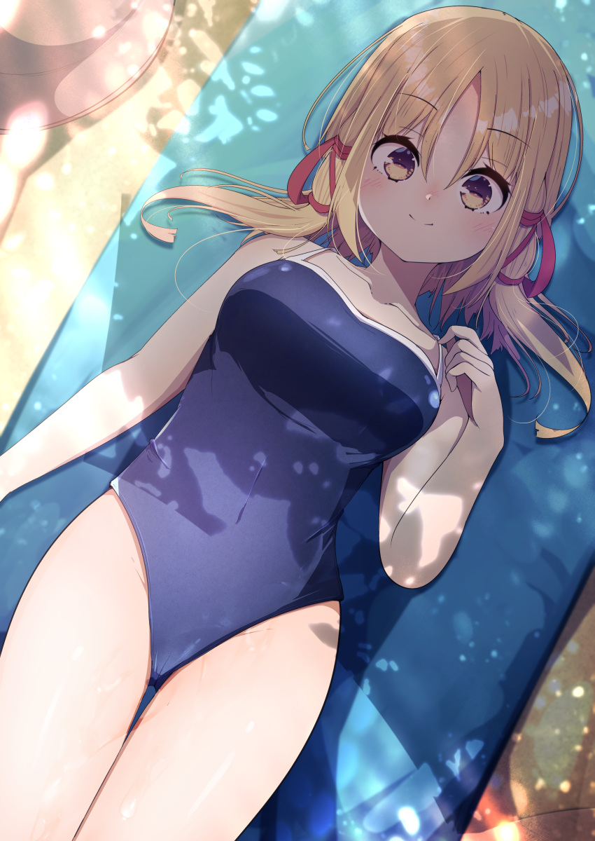 1girl absurdres alternate_costume bare_shoulders beach beach_towel blonde_hair blue_one-piece_swimsuit blush breasts brown_headwear collarbone commentary_request covered_navel cowboy_shot darumoon dutch_angle groin hair_ribbon headwear_removed highres horizontal_pupils light_blush looking_at_viewer lying medium_breasts medium_hair moriya_suwako new_school_swimsuit on_back one-piece_swimsuit parted_bangs red_ribbon ribbon sand school_swimsuit smile solo split_mouth swimsuit thigh_gap thighs touhou towel yellow_eyes