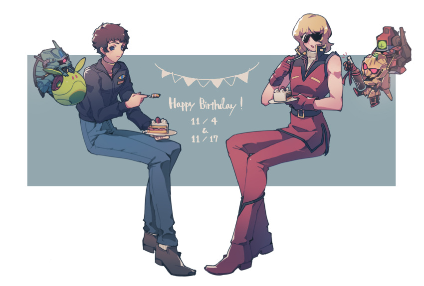 2boys :o amuro_ray black_jacket blonde_hair blue_background blue_eyes blue_pants boots bottle brown_footwear brown_hair cake cake_slice char_aznable character_request closed_mouth eating food fork full_body gloves gundam happy_birthday haro highres holding holding_fork holding_plate hyaku_shiki invisible_chair jacket long_sleeves male_focus mecha multiple_boys pants pennant pin_(penco_co) plate quattro_vageena red_footwear red_gloves red_jacket red_pants robot shirt short_hair sideways_glance simple_background sitting sleeveless sleeveless_jacket sleeveless_shirt smile socks string_of_flags sunglasses turtleneck white_background white_shirt white_socks wine_bottle yellow_shirt zeta_gundam