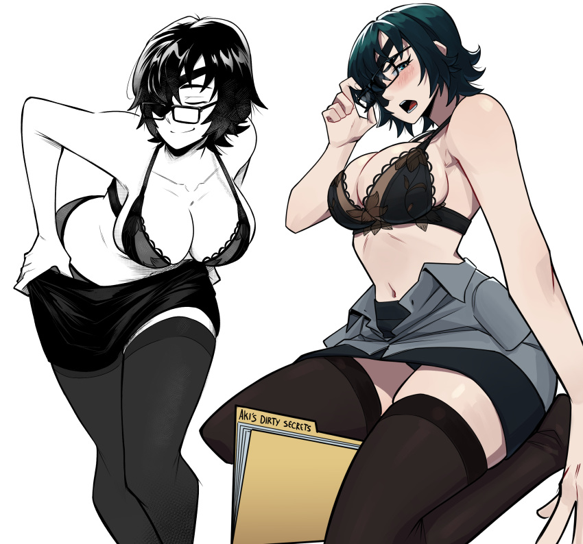 1girl absurdres aneurysm_ax bespectacled black-framed_eyewear black_bra black_hair black_skirt bra breasts chainsaw_man closed_eyes eyepatch folder glasses grey_shirt highres himeno_(chainsaw_man) large_breasts looking_at_viewer open_mouth partially_undressed rectangular_eyewear shirt short_hair simple_background skirt smile thighhighs underwear undressing white_background