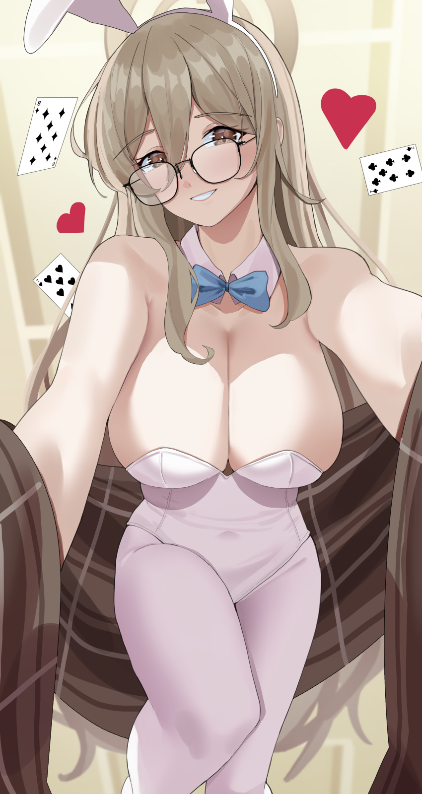 1girl absurdres akane_(blue_archive) akane_(bunny)_(blue_archive) animal_ears blue_archive blue_bow blue_bowtie bow bowtie breasts brown_eyes cleavage collarbone detached_collar fake_animal_ears glasses grin haerge highres large_breasts leotard light_brown_hair long_hair looking_at_viewer plaid_shawl playboy_bunny shawl smile solo very_long_hair white_leotard