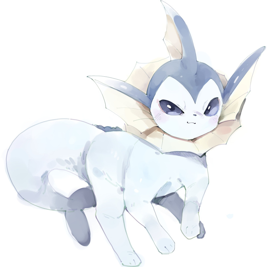 1:1 2023 3_toes absurd_res ambiguous_gender black_nose black_pupils blue_body blue_eyes blue_fur blush canid digital_media_(artwork) ear_fins eeveelution feet feral fin fin_frill fish_tail frill_(anatomy) front_view fur generation_1_pokemon head_fin hi_res looking_at_viewer mammal neck_frill nintendo nude on_model paws pokemon pokemon_(species) pupils quadruped running shaded simple_background small_nose smile solo three-quarter_view toes vaporeon white_background youjomodoki