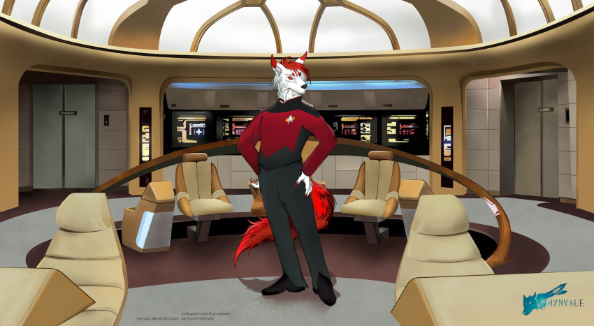 anthro black_clothing canid canine canis chair chivalrythewolf clothing cockpit computer confusion corner costume door furniture hair hi_res hynvale inside lamp looking_at_another male mammal red_clothing red_eyes solo spacecraft spaceship_interior technology vehicle wall_(structure) white_body wolf