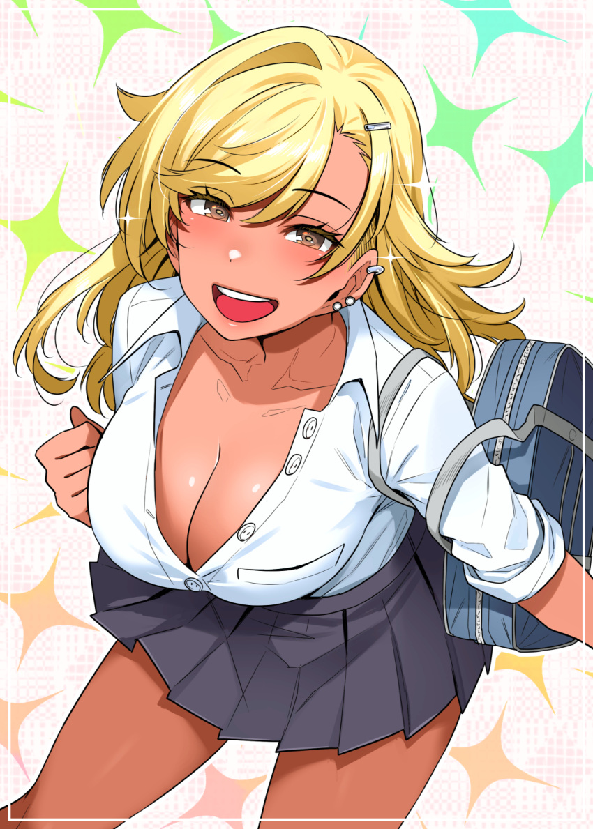 1girl bag black_skirt blonde_hair blush breasts brown_eyes cleavage commentary_request dark-skinned_female dark_skin ear_piercing gyaru hair_ornament hairclip happa_(cloverppd) highres large_breasts long_hair looking_at_viewer open_mouth original piercing pleated_skirt shirt shirt_tucked_in simple_background skirt solo sparkle teeth upper_teeth_only white_shirt