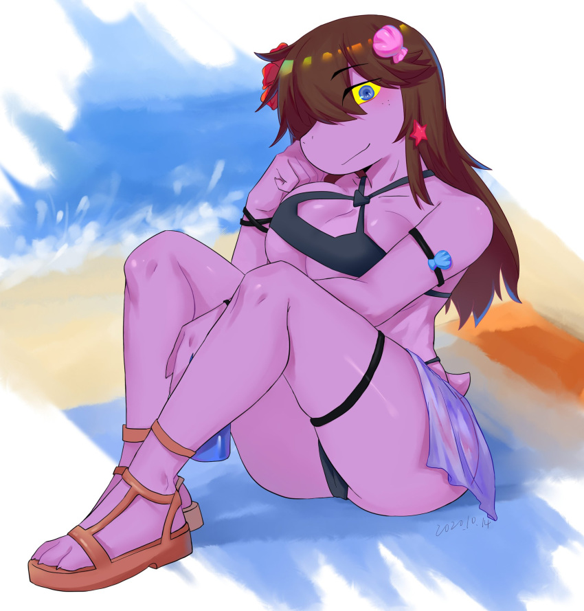 accessory anthro beach big_breasts bikini bivalve_shell breasts brown_hair clothing deltarune female flower flower_in_hair footwear hair hair_accessory hechangjun250 hi_res looking_at_viewer mollusk_shell outside plant purple_body purple_scales reptile sandals scales scalie seaside shell sitting smile solo susie_(deltarune) swimwear undertale_(series)