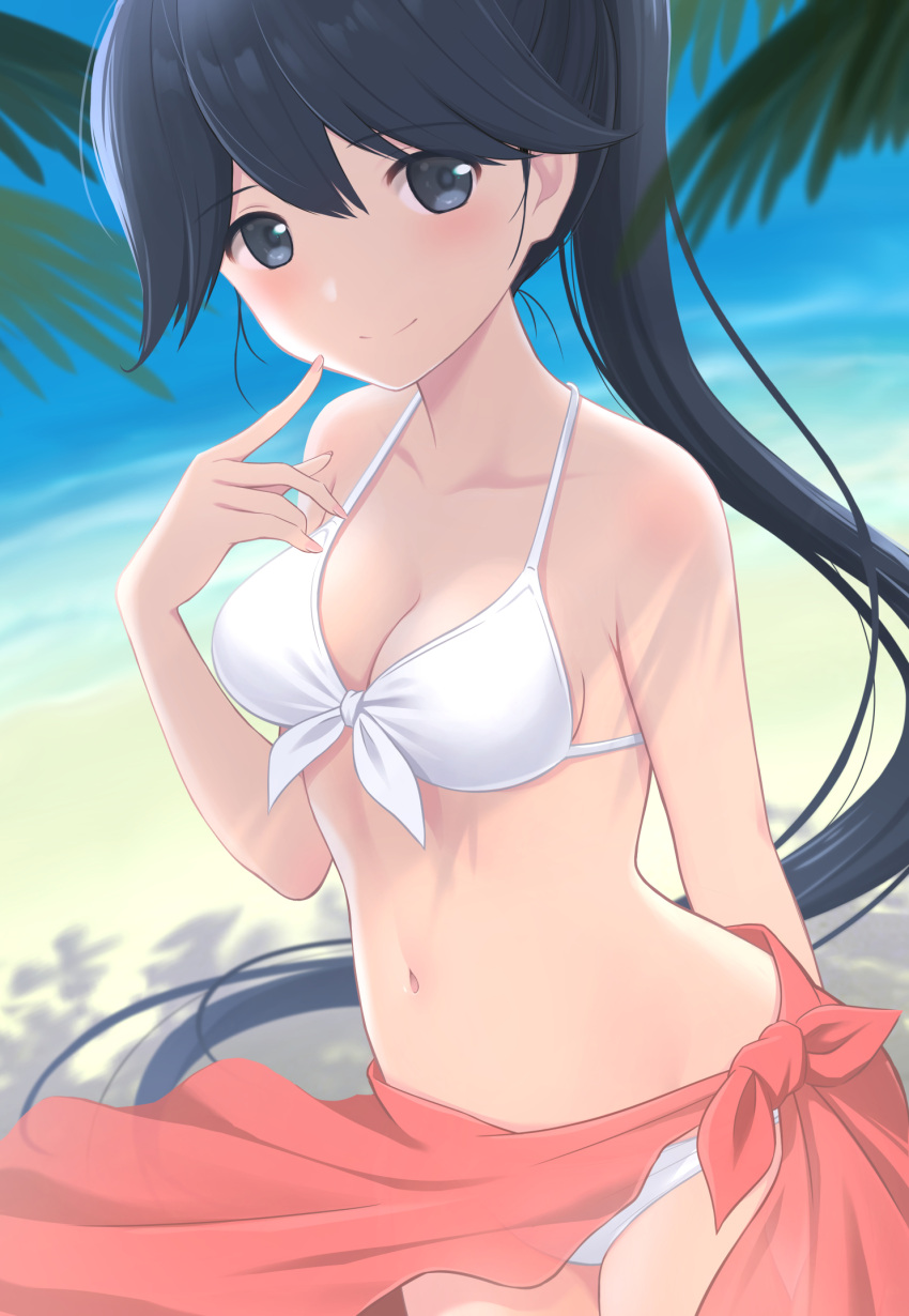 1girl alternate_costume azuki-iro beach bikini black_eyes black_hair breasts collarbone day front-tie_top highres houshou_(kancolle) kantai_collection long_hair looking_at_viewer medium_breasts navel ocean outdoors palm_leaf red_sarong sarong smile solo standing swimsuit very_long_hair white_bikini