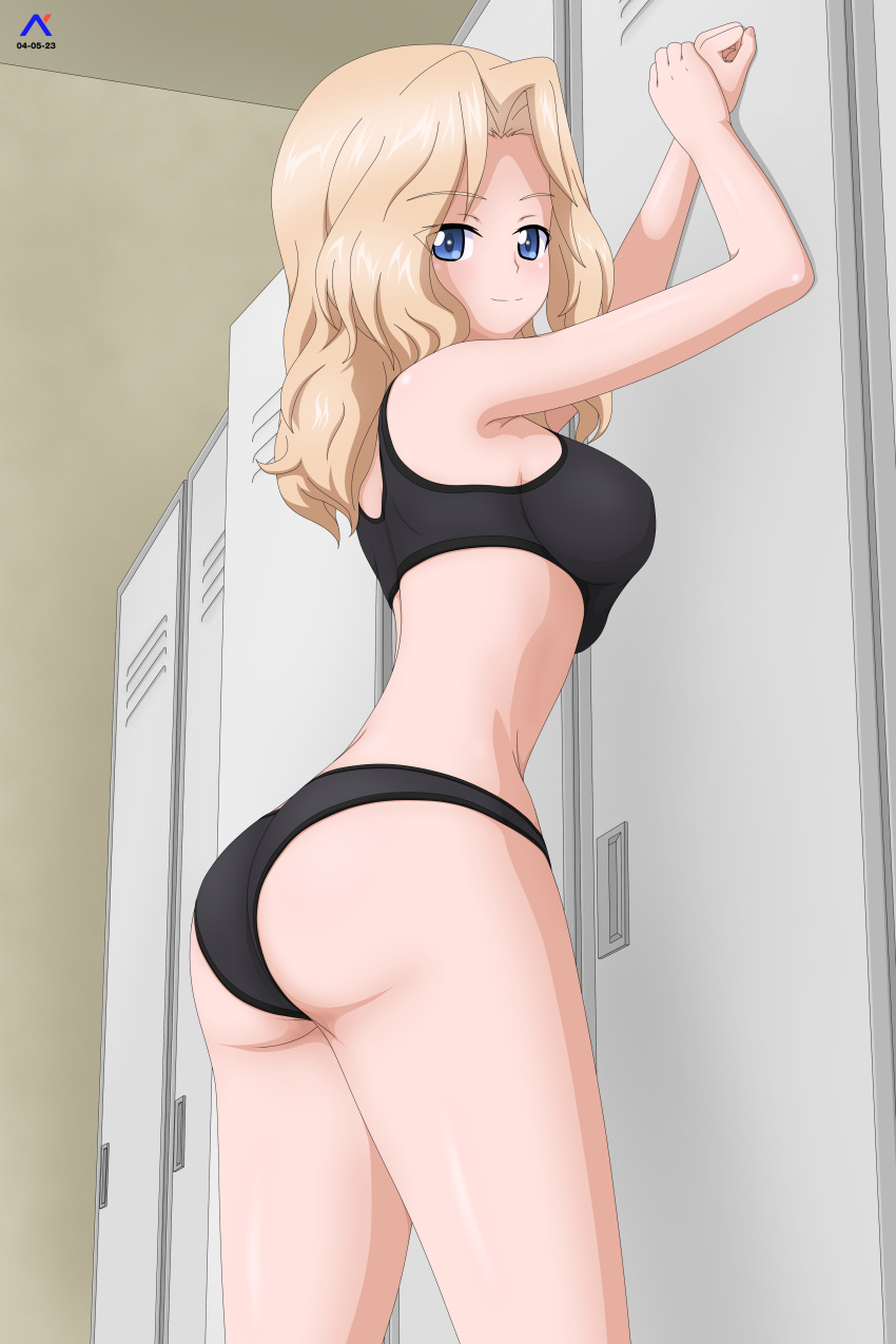 1girl absurdres acrux arms_up artist_logo ass black_panties black_sports_bra blonde_hair blue_eyes blush closed_mouth commentary cowboy_shot dated english_commentary from_side girls_und_panzer hair_intakes half-closed_eyes highres indoors kay_(girls_und_panzer) leaning_forward locker locker_room looking_at_viewer looking_back medium_hair panties smile solo sports_bra sports_panties standing underwear underwear_only