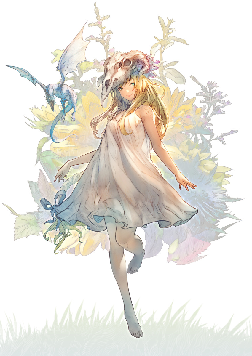 1girl absurdres animal_skull arms_at_sides barefoot blonde_hair breasts closed_mouth commission dragon dress floating floral_background green_eyes highres long_hair looking_at_viewer original shukei skeb_commission skull_on_head sleeveless sleeveless_dress small_breasts smile solo sundress western_dragon white_dress