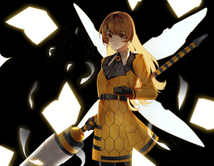 1girl absurdres ascot belt black_ascot black_belt black_gloves black_pants book brown_eyes brown_hair closed_mouth coat e.g.o_(project_moon) gloves hi_i_dubu highres holding holding_polearm holding_weapon honeycomb_(pattern) honeycomb_print insect_wings lance light_particles long_hair long_sleeves looking_at_viewer malkuth_(project_moon) pages pants polearm project_moon red_eyes sidelocks smile solo weapon wings yellow_coat