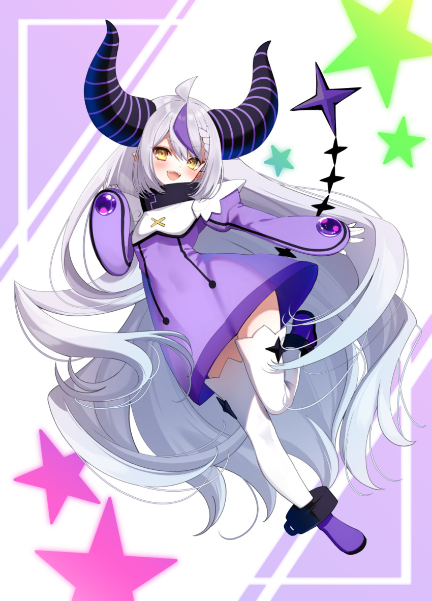 1girl ahoge blush braid breasts collar covered_navel demon_horns dress grey_hair highres hololive horns la+_darknesss long_hair looking_at_viewer metal_collar multicolored_hair open_mouth pointy_ears purple_dress purple_footwear purple_hair purple_horns see-through see-through_dress shoes single_braid small_breasts smile solo streaked_hair striped_horns tail teeth thighhighs tsurugi_hikaru upper_teeth_only very_long_hair virtual_youtuber white_thighhighs yellow_eyes