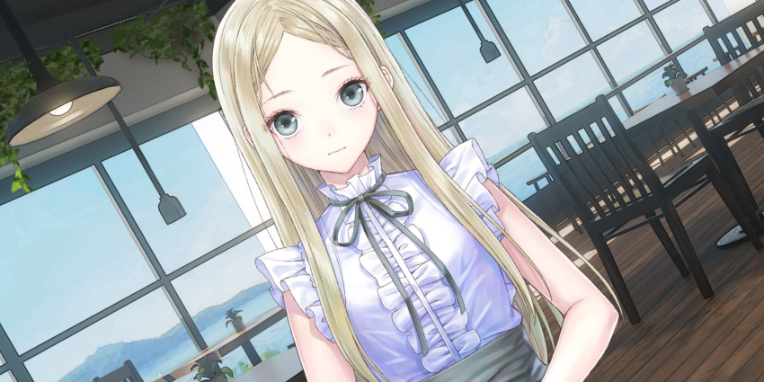 1girl black_ribbon blonde_hair blue_reflection blue_reflection_sun cafe center_frills chair frills game_cg grey_eyes highres indoors kishida_mel long_hair looking_at_viewer morisaki_alesia_yu neck_ribbon non-web_source parted_bangs ribbon shirt sleeveless sleeveless_shirt solo table upper_body wavy_mouth white_shirt