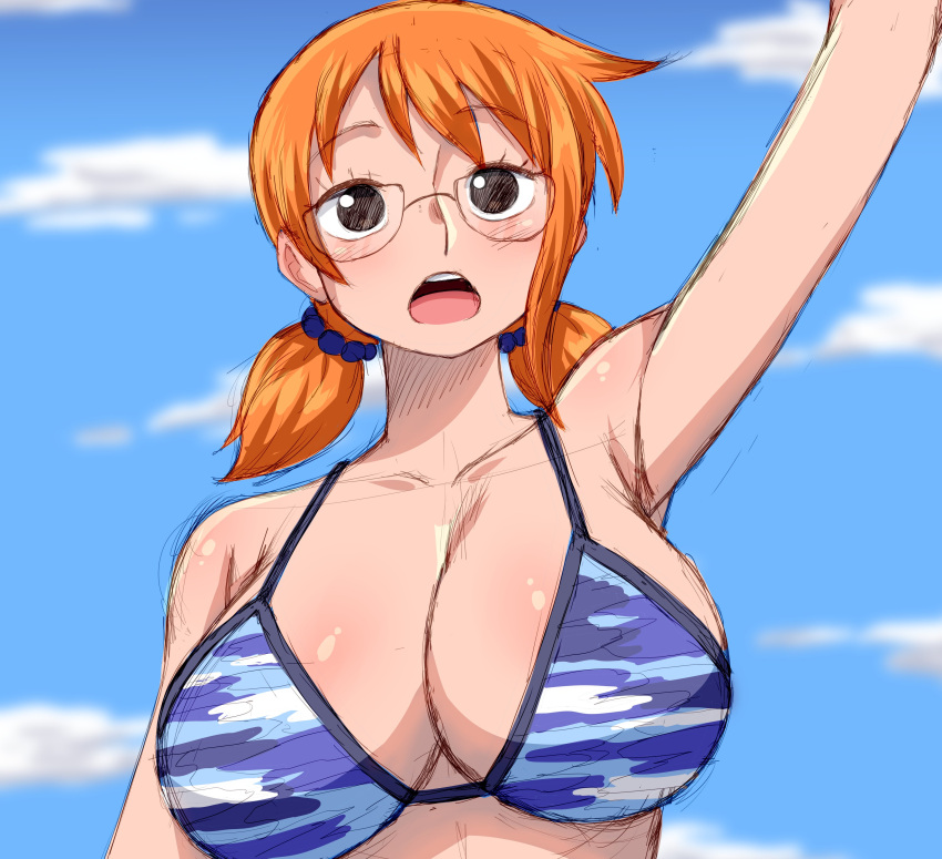 1girl absurdres arm_up blue_sky breasts brown_eyes cleavage cloud cloudy_sky collarbone day glasses highres large_breasts long_hair nami_(one_piece) one-piece_swimsuit one_piece open_mouth orange_hair outdoors short_twintails simmsy sky solo swimsuit teeth tongue twintails upper_body upper_teeth_only white_one-piece_swimsuit