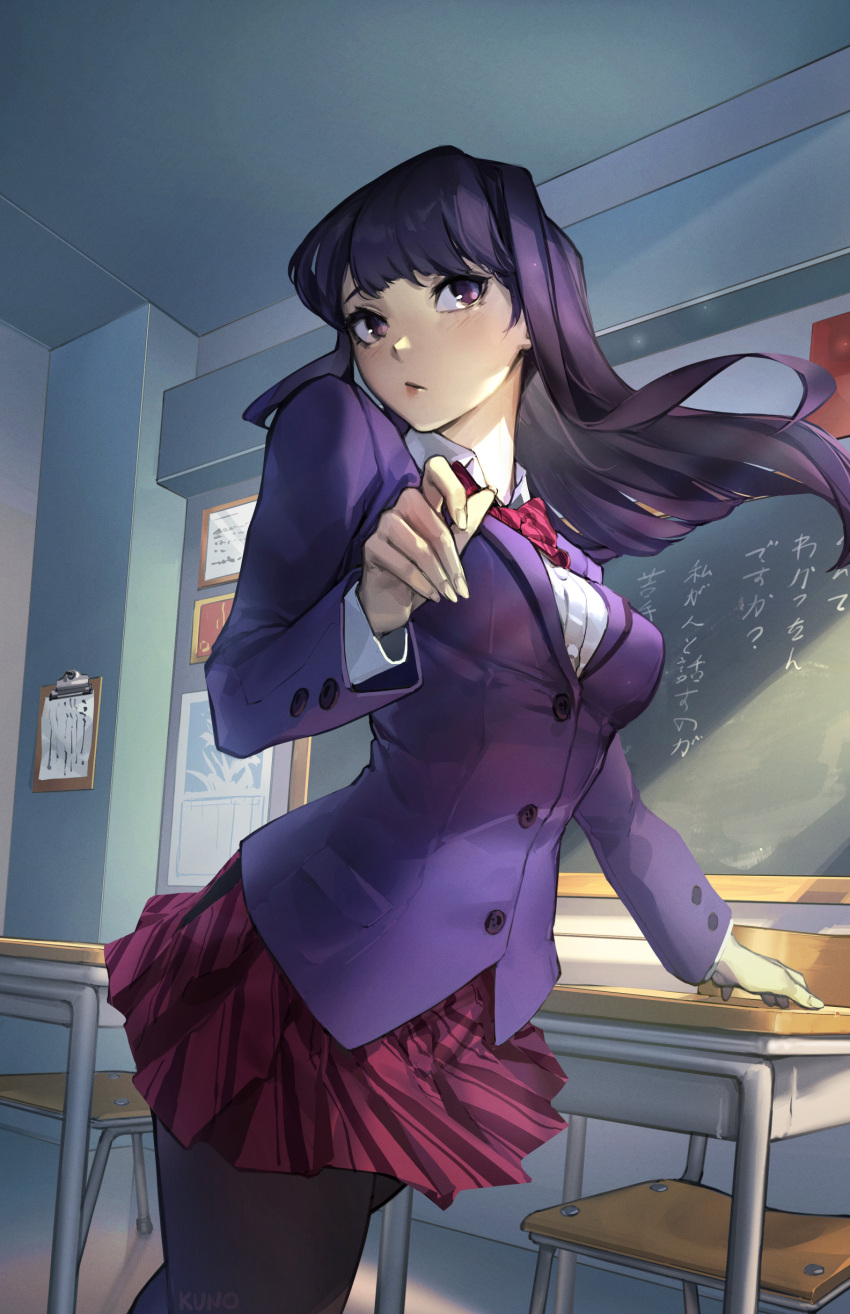 1girl absurdres arm_support bow bowtie breasts calendar_(object) chalkboard classroom clipboard closed_mouth collared_shirt desk dress_shirt highres indoors jacket komi-san_wa_komyushou_desu komi_shouko kuno_(runkunochan) long_hair looking_to_the_side medium_breasts pantyhose pleated_skirt purple_eyes purple_hair purple_jacket red_bow red_bowtie red_skirt school_desk school_uniform shirt signature skirt white_shirt