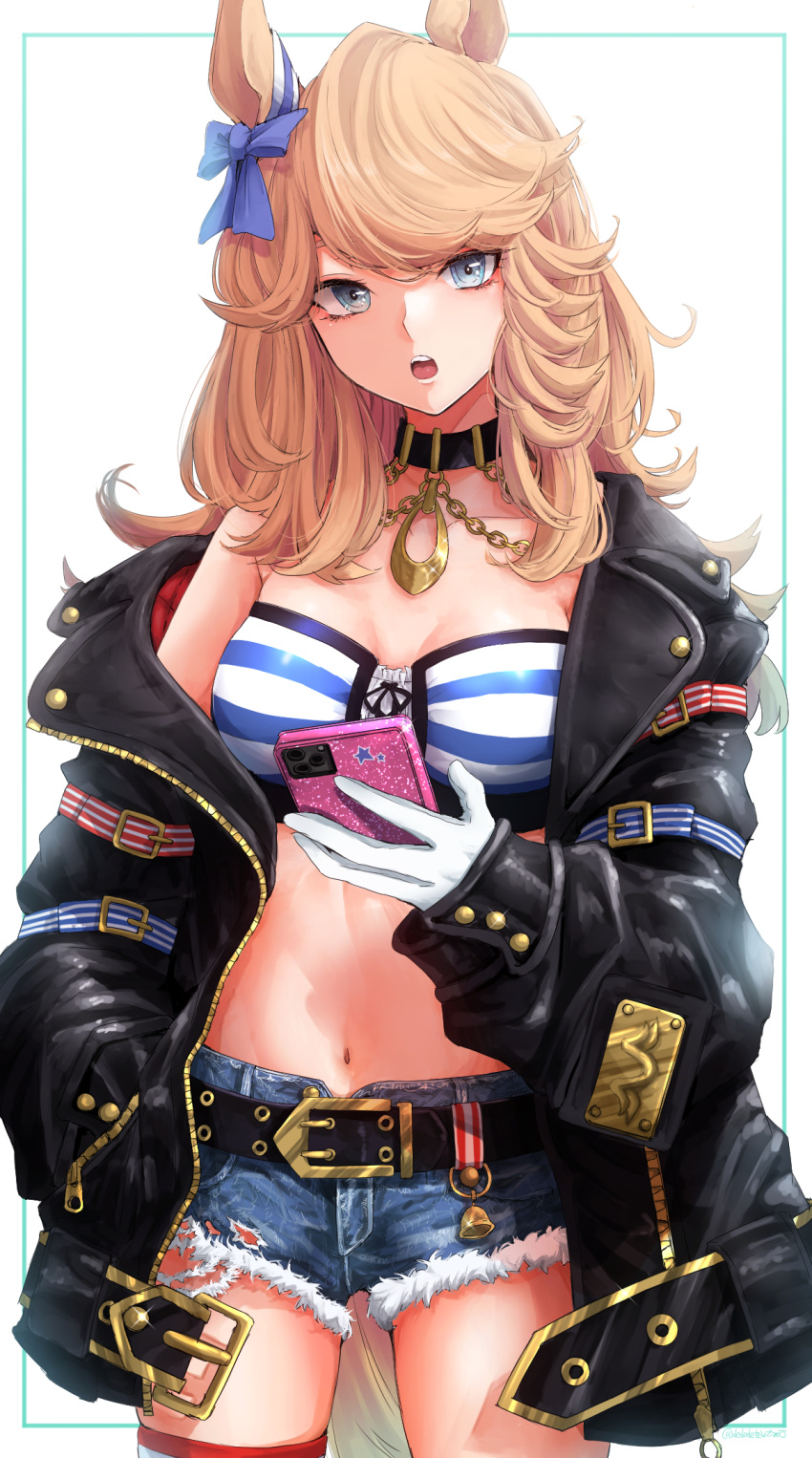 1girl animal_ears bandeau belt black_belt black_choker blonde_hair blue_eyes border bow breasts cellphone chain choker cleavage collarbone commentary_request cowboy_shot cutoffs dededeteiu denim denim_shorts ear_bow ear_ornament gloves gold_chain gold_city_(umamusume) green_border hand_in_pocket highres holding holding_phone horse_ears horse_girl horse_tail jacket long_hair long_sleeves looking_at_viewer medium_breasts midriff navel off_shoulder open_clothes open_jacket open_mouth phone shorts simple_background single_bare_shoulder skindentation smartphone solo standing striped_bandeau swept_bangs tail teeth thigh_strap umamusume upper_teeth_only white_background white_gloves zipper