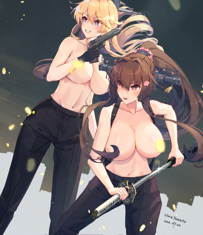 2girls bare_shoulders black_pants blonde_hair blue_eyes breasts brown_hair cherry_blossoms convenient_censoring devil_may_cry_(series) dutch_angle flower gun hair_flower hair_ornament handgun headgear highres himeyamato holding holding_gun holding_sword holding_weapon iowa_(kancolle) kantai_collection large_breasts long_hair m1911 multiple_girls name_connection navel night night_sky open_collar pants ponytail red_eyes sky star-shaped_pupils star_(symbol) sword symbol-shaped_pupils topless urban weapon yamato_(kancolle) yamato_(sword) yamato_kai_ni_(kancolle)