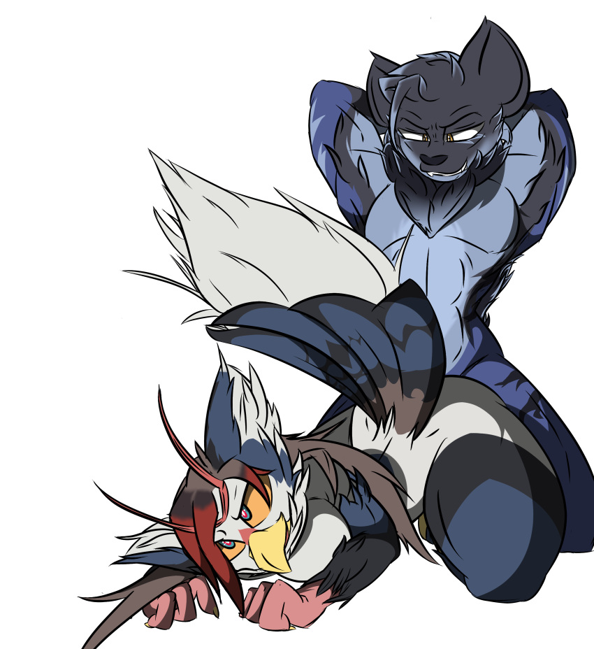 absurd_res anthro avian bird blaziken blue_body blue_feathers blue_fur breast_squish breasts calico(huf13) corviknight doggystyle duo feathers felid female from_behind_position fur generation_3_pokemon generation_4_pokemon generation_8_pokemon hair hands_behind_back hi_res hybrid male male/female mammal nintendo orange_eyes orange_sclera pantherine pecs pokemon pokemon_(species) red_hair renae_(huf13) sex spicy_flakes squish staraptor tail_feathers tiger