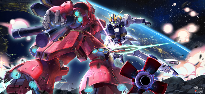 absurdres artist_name battle beam_saber char's_counterattack duel earth_(planet) explosion funnels_(gundam) green_eyes gundam highres holding holding_sword holding_weapon in_orbit insignia mecha mobile_suit no_humans noisi nu_gundam one-eyed outstretched_arm planet robot sazabi science_fiction space star_(sky) sword thrusters twitter_username v-fin weapon weibo_username zero_gravity