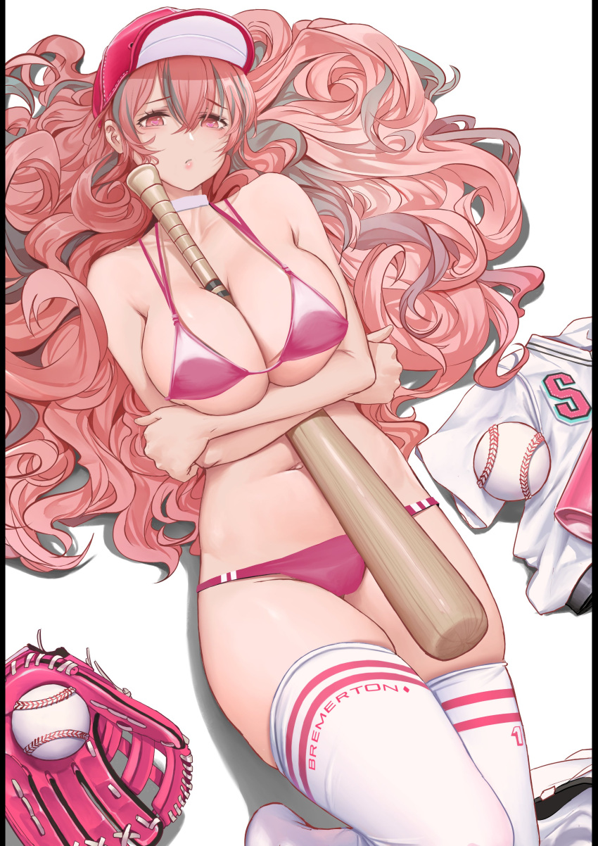 1girl absurdres alternate_hairstyle azur_lane baseball baseball_bat baseball_cap baseball_mitt between_breasts blush bra breasts bremerton_(azur_lane) buruma clothes_removed commentary dishwasher1910 english_commentary hair_between_eyes hair_spread_out hat highres large_breasts long_hair looking_at_viewer lowleg_buruma multicolored_hair navel open_mouth panties pink_bra pink_eyes pink_hair pink_panties red_buruma self_hug sidelocks simple_background solo sportswear streaked_hair thighhighs underwear very_long_hair wavy_hair white_background white_thighhighs