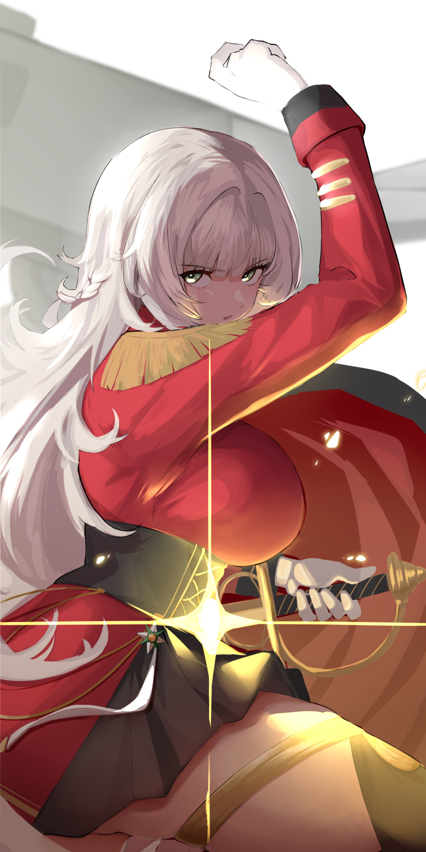 1girl absurdres aiguillette arm_up azur_lane black_skirt blunt_bangs braid cape dress english_commentary gloves green_eyes highres holding holding_sword holding_weapon long_hair long_sleeves looking_at_viewer medal military_uniform parted_lips pleated_skirt red_cape red_dress showmoo skirt solo sword thigh_strap turret uniform vittorio_veneto_(azur_lane) weapon white_gloves white_hair