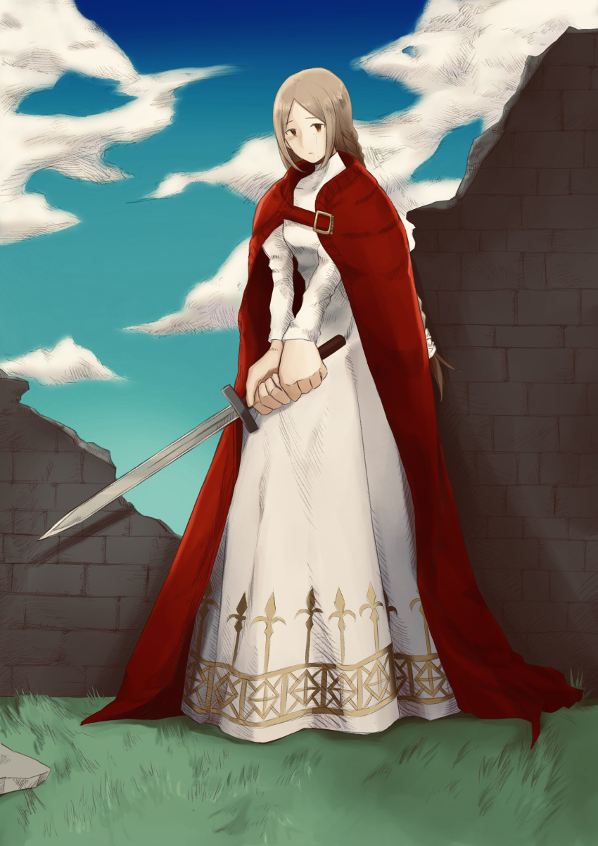 1girl absurdres bad_anatomy blonde_hair blue_sky braid breasts cape cloud dress final_fantasy final_fantasy_tactics full_body grass hair_ornament highres holding holding_sword holding_weapon kikka_tyn large_hands ovelia_atkascha red_cape rock ruins sky small_breasts solo sword weapon white_dress