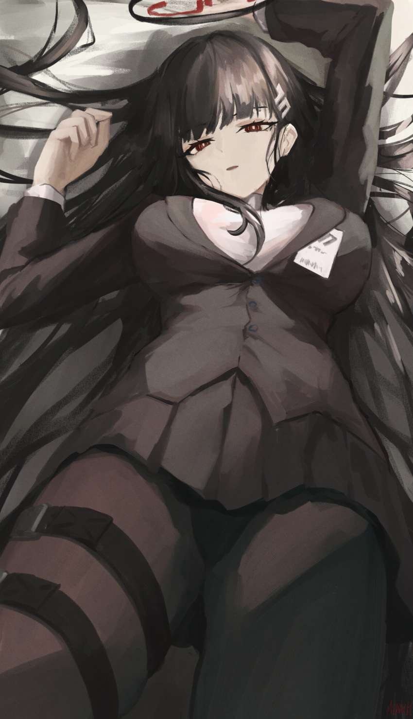 1girl bed_sheet black_hair black_pantyhose black_skirt blue_archive breasts buttons commission cowboy_shot hair_ornament hairpin halo highres id_card large_breasts long_hair long_sleeves nev_(nevblindarts) open_mouth pantyhose pleated_skirt red_eyes rio_(blue_archive) skirt solo
