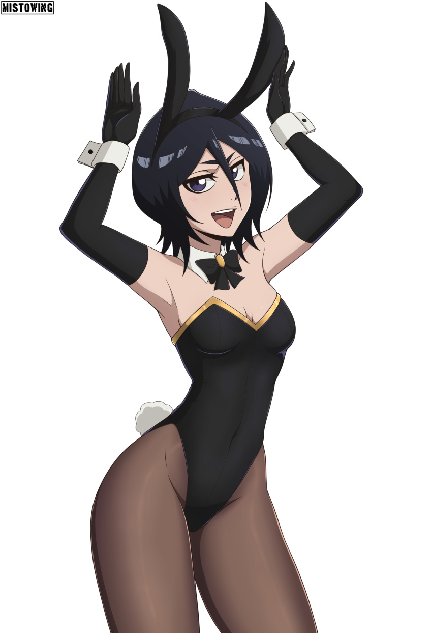 1girl absurdres animal_ears armpits arms_up artist_name black_bow black_gloves black_hair black_leotard bleach bow bow_choker breasts cleavage covered_navel cowboy_shot elbow_gloves fake_animal_ears fake_tail gloves hair_between_eyes highres kuchiki_rukia leotard long_bangs looking_at_viewer mistowing open_mouth pantyhose playboy_bunny purple_eyes rabbit_ears rabbit_pose rabbit_tail short_hair small_breasts solo tail teeth upper_teeth_only white_background wrist_cuffs