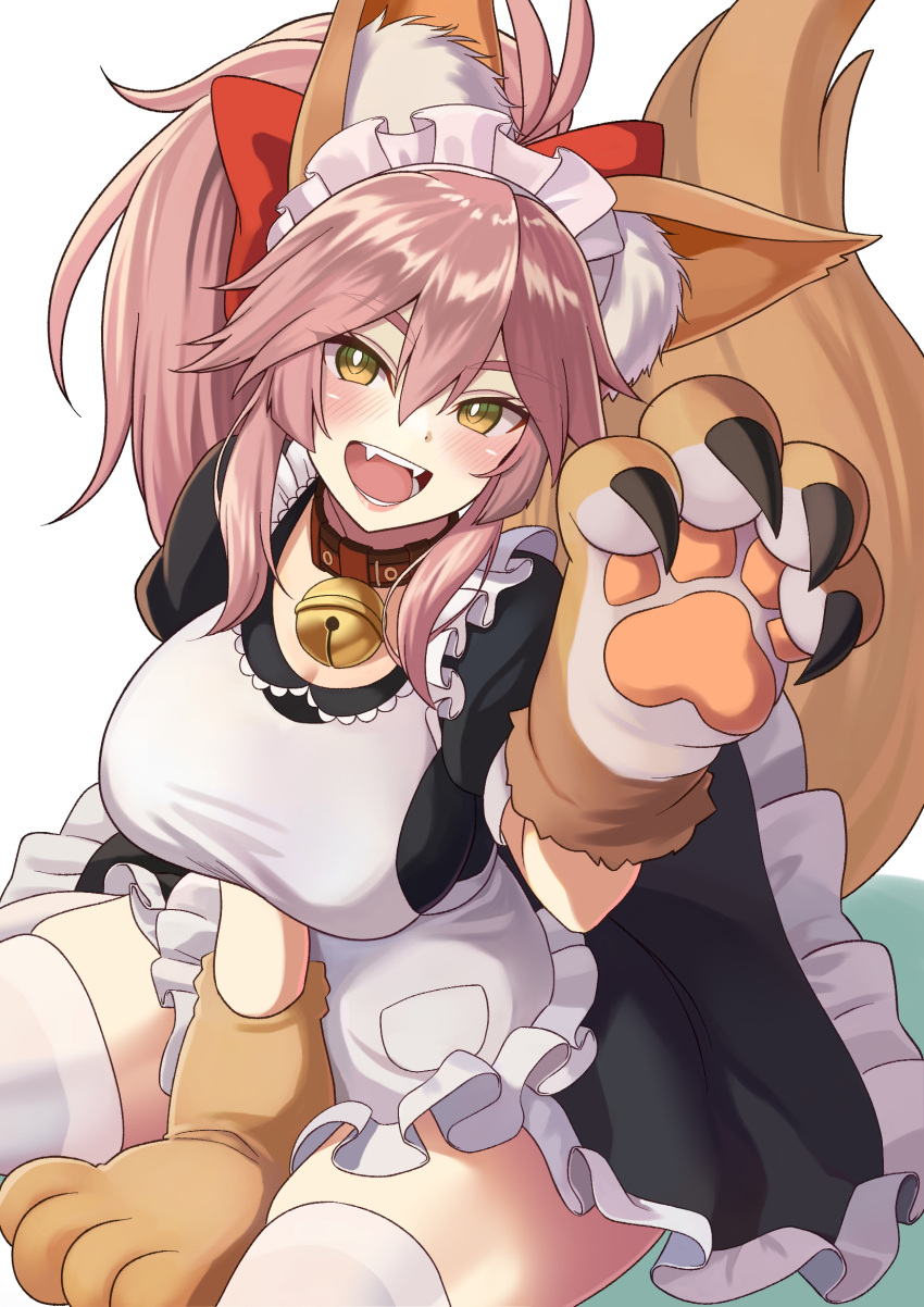 1girl animal_ear_fluff animal_ears animal_hands apron bell black_dress breasts cat_paws dress fangs fate/grand_order fate_(series) fox_ears fox_girl fox_tail frilled_apron frilled_dress frills gloves hair_between_eyes highres jingle_bell large_breasts long_hair looking_at_viewer maid maid_apron maid_headdress neck_bell nemurinemuri open_mouth paw_gloves pink_hair ponytail red_ribbon ribbon short_apron short_dress solo tail tamamo_(fate) tamamo_cat_(fate) tamamo_cat_(second_ascension)_(fate) thighhighs white_apron white_thighhighs yellow_eyes