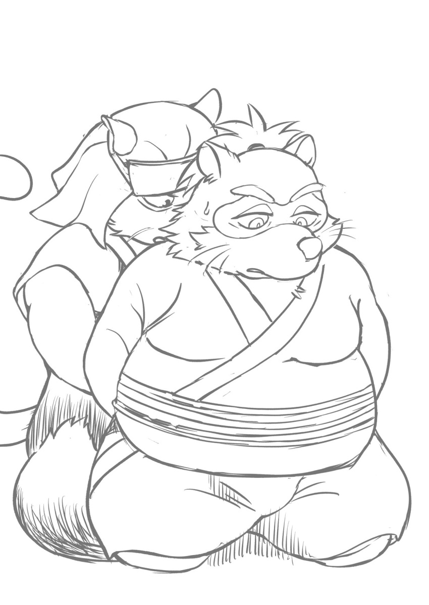 2023 anthro belly big_belly bodily_fluids canid canine clothed clothing duo hi_res hysk kemono male mammal moobs overweight overweight_male raccoon_dog sengoku_puzzle sweat tanuki tokugawa_ieyasu