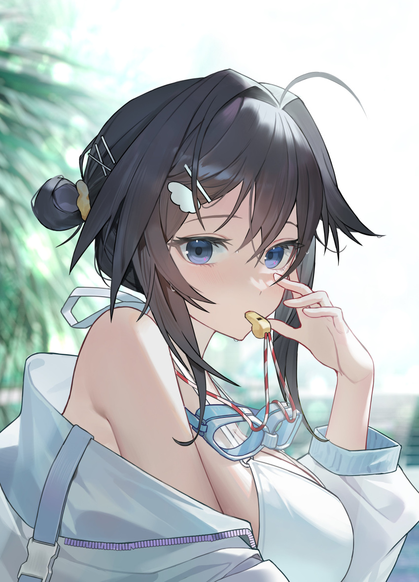 1girl absurdres ahoge arknights bikini black_hair blowing_whistle feather_hair goggles goggles_around_neck hair_bun hair_intakes hand_up hidikan highres jacket jacket_over_swimsuit la_pluma_(arknights) la_pluma_(summer_flowers)_(arknights) off_shoulder official_alternate_costume swimsuit upper_body whistle white_bikini
