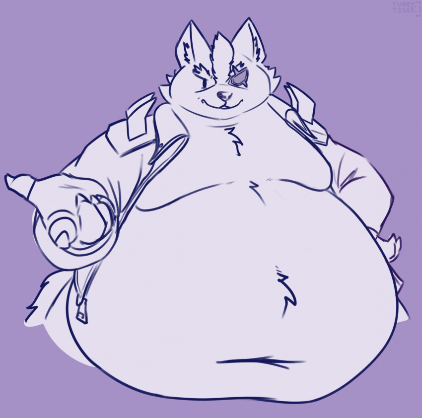 2023 anthro belly big_belly canid canine canis clothing eye_patch eyewear hi_res jacket looking_at_viewer male mammal moobs navel nintendo obese obese_anthro obese_male overweight overweight_anthro overweight_male purple_background simple_background smile solo star_fox topwear tubbytiger wolf wolf_o'donnell