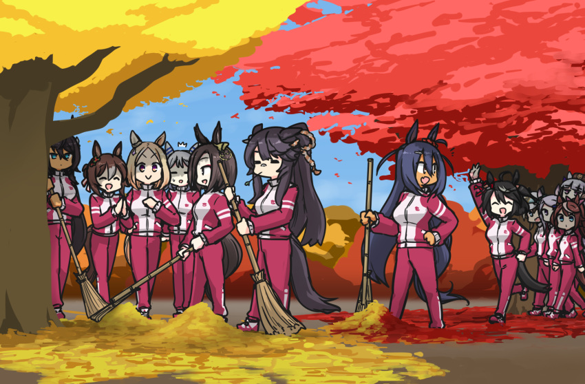 6+girls air_groove_(umamusume) animal_ears autumn_leaves bandaid bandaid_on_face bandaid_on_nose black_hair blue_eyes blue_sky broom brown_headwear cheval_grand_(umamusume) closed_eyes clover_hair_ornament commentary_request dark-skinned_female dark_skin ear_ornament fang fine_motion_(umamusume) full_body gloom_(expression) hair_between_eyes hair_ornament hairclip hamu_koutarou hand_on_own_hip highres hishi_amazon_(umamusume) hishi_miracle_(umamusume) holding holding_broom horse_ears horse_girl horse_tail kitasan_black_(umamusume) long_hair mejiro_mcqueen_(umamusume) mouth_hold multiple_girls narita_brian_(umamusume) narita_top_road_(umamusume) open_mouth outdoors pillbox_hat ponytail rope running shimenawa skin_fang sky smile stalk_in_mouth sweeping symboli_kris_s_(umamusume) tail tokai_teio_(umamusume) tracen_training_uniform tree umamusume very_long_hair yellow_eyes